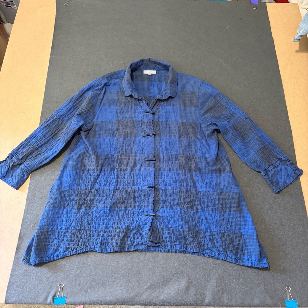 Habitat Plaid Top Women L Blue Black Fall Relaxed Cotton Country Toggle Core